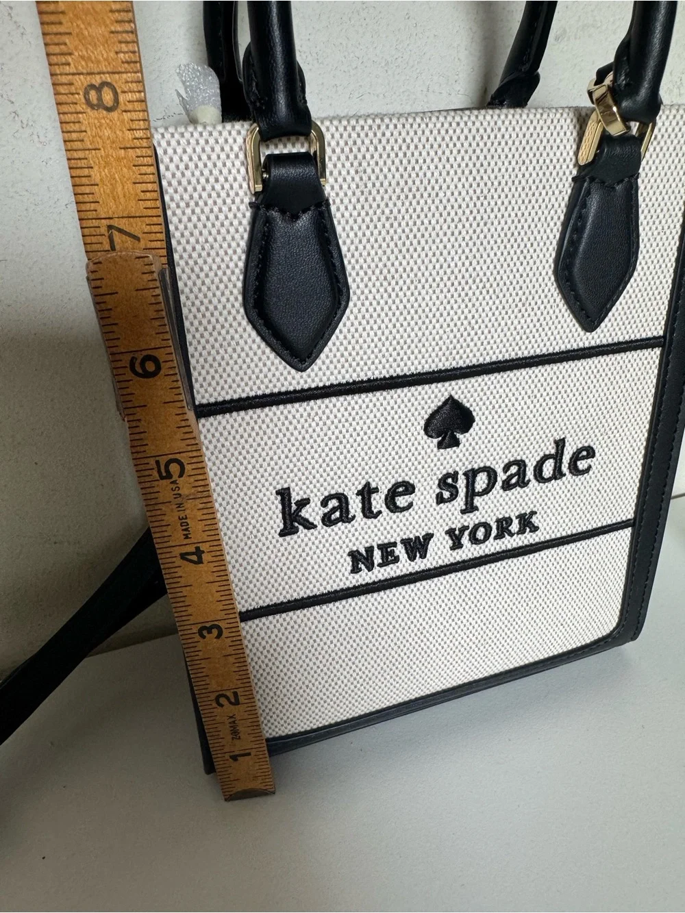 kate spade Ellie Mini Black Leather Cream Structured Canvas Crossbody Tote